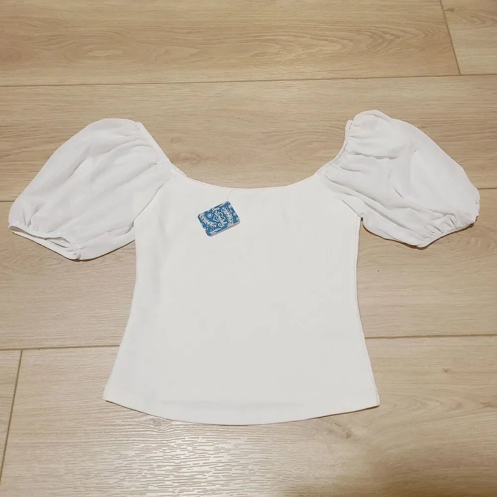 NEW Intimately Free People Shirt XS White Stretch Knit Puff Sleeve  Crop Top